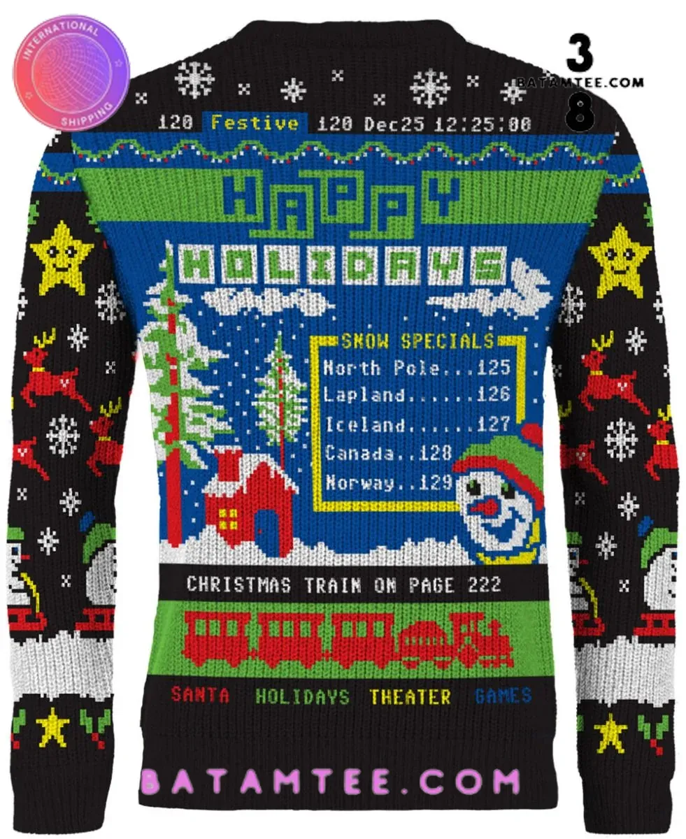 Teletext Santa Schedule 25 Dec Happy Holidays Ugly Christmas Sweater's Overview - Batamtee Shop - Threads & Totes: Your Style Destination