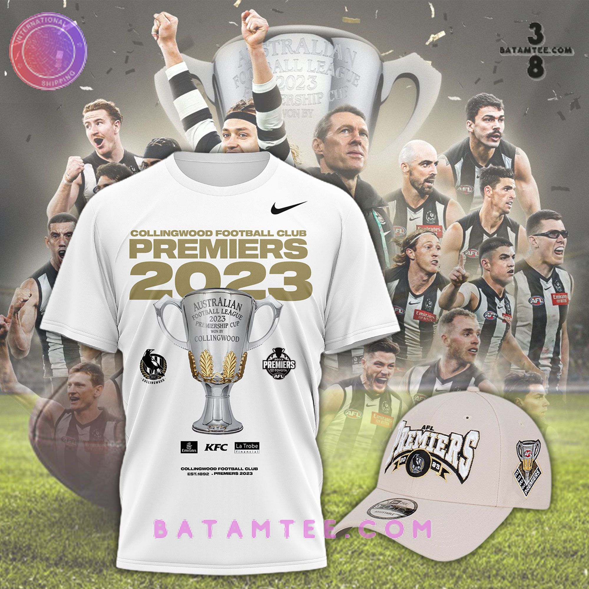 Collingwood Magpies Footbal Club Premiers 2023 Champion Shirt, Cap