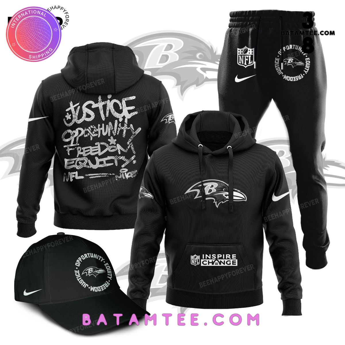 NFL Baltimore Ravens Inspire Change Justice Opportunity Equality Freedom Black Hoodie, Pants, Cap