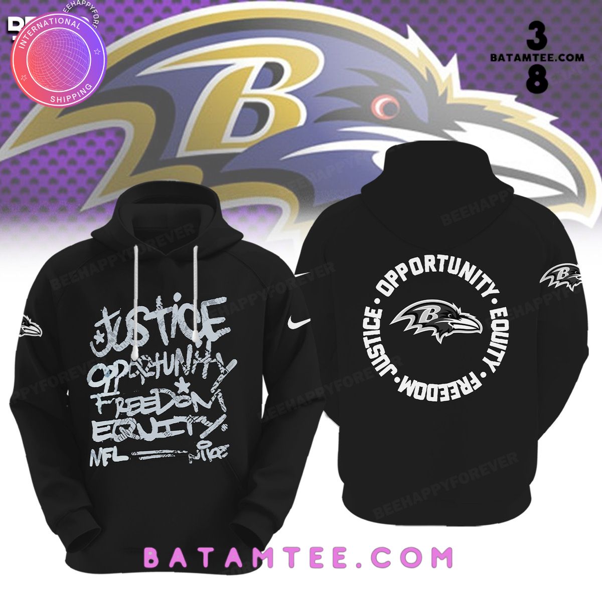 NFL Baltimore Ravens Inspire Change Justice Opportunity Equality Freedom Black Hoodie