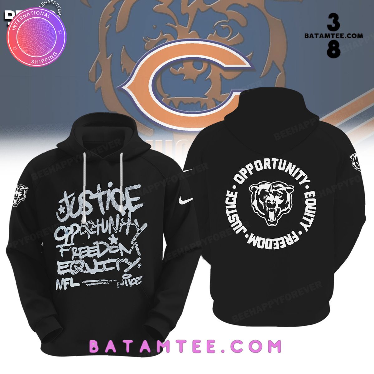 NFL Chicago Bears Inspire Change Justice Opportunity Equality Freedom Black Hoodie