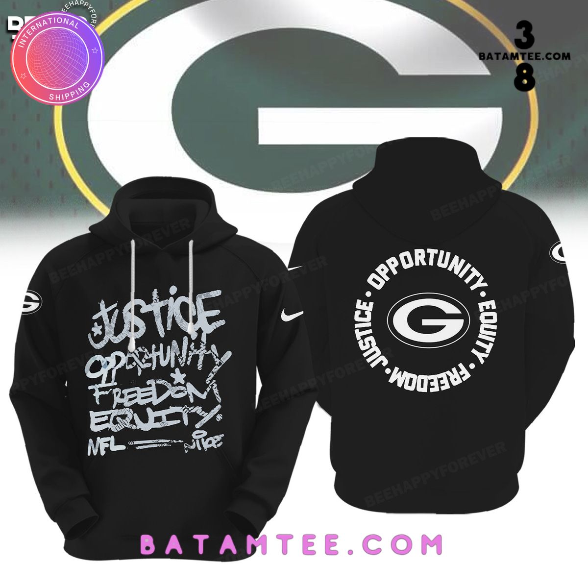 NFL Green Bay Packers Inspire Change Justice Opportunity Equality Freedom Black Hoodie