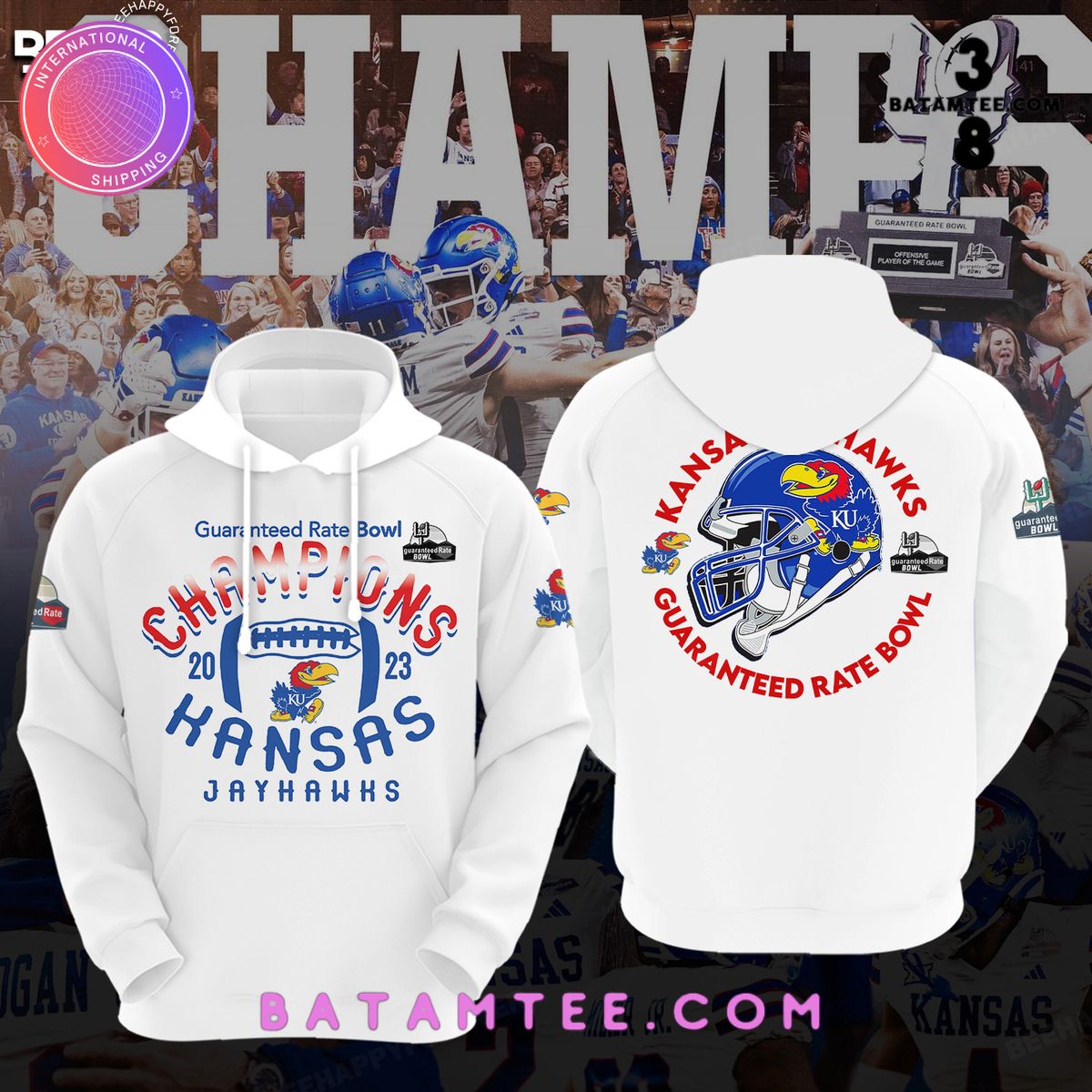 Kansas Jayhawks 2023 Guaranteed Rate Bowl Champions White Hoodie