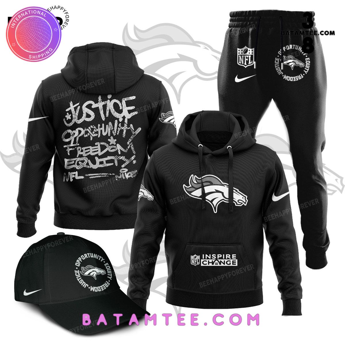 NFL Denver Broncos Inspire Change Justice Opportunity Equality Freedom Black Hoodie, Pants, Cap