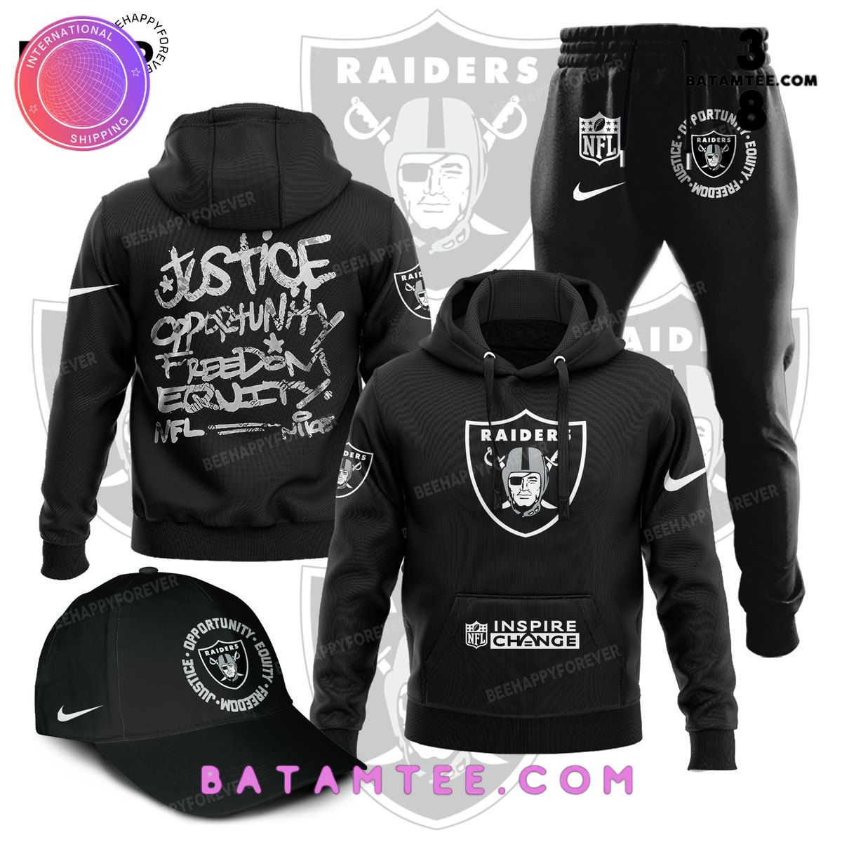 NFL Las Vegas Raiders Inspire Change Justice Opportunity Equality Freedom Black Hoodie, Pants, Cap