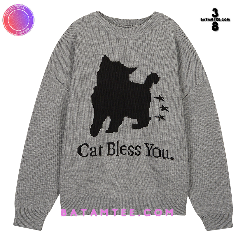 No Color Star Cat Bless You Grey Sweater