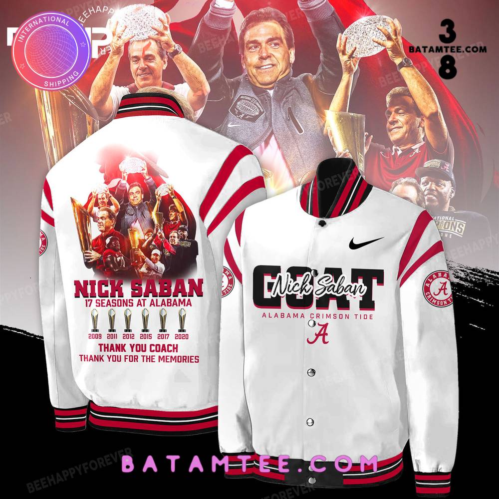 Alabama Crimson Tide Coach Nick Saban GOAT White Baseball Jacket's Overview - Batamtee Shop - Threads & Totes: Your Style Destination