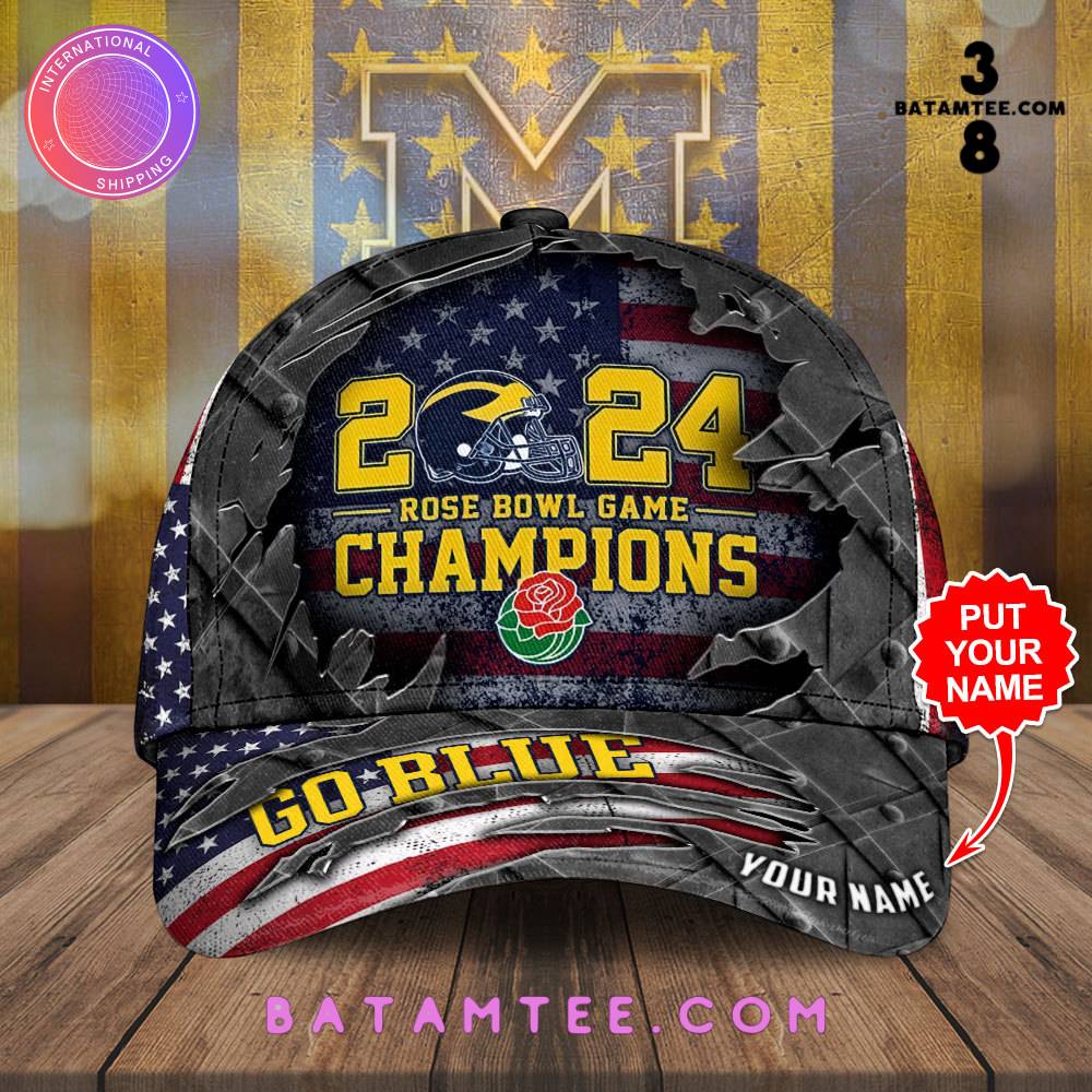 Michigan Wolverines 2024 Rose Bowl Game Champions American Flag Custom Name Cap