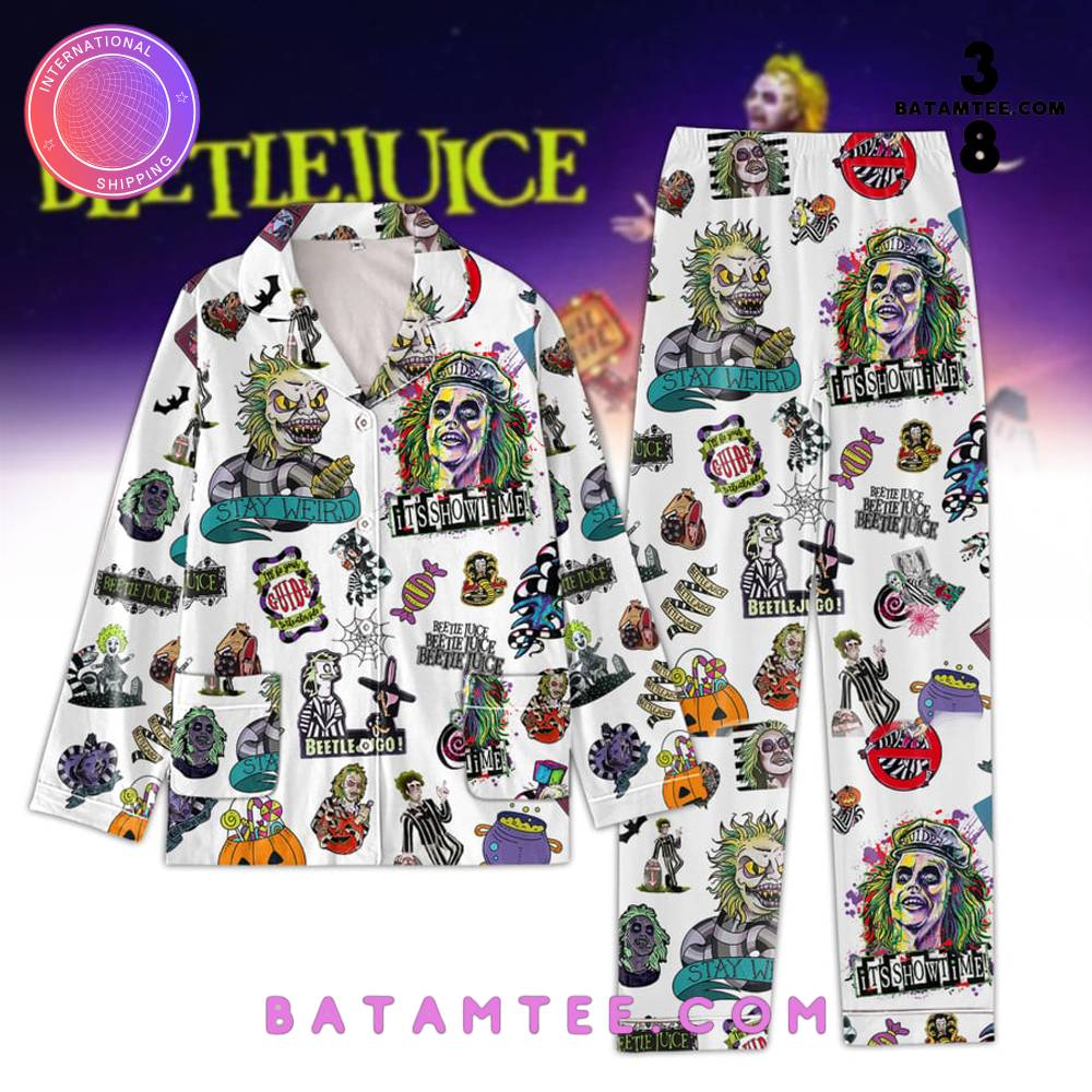 Beetlejuice Stay Weird White Button Down Pyjama Set's Overview - Batamtee Shop - Threads & Totes: Your Style Destination