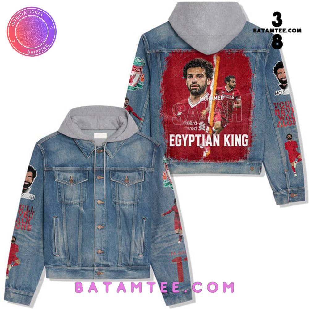 Mohamed Salah Egyptian King Hooded Denim Jacket's Overview - Batamtee Shop - Threads & Totes: Your Style Destination