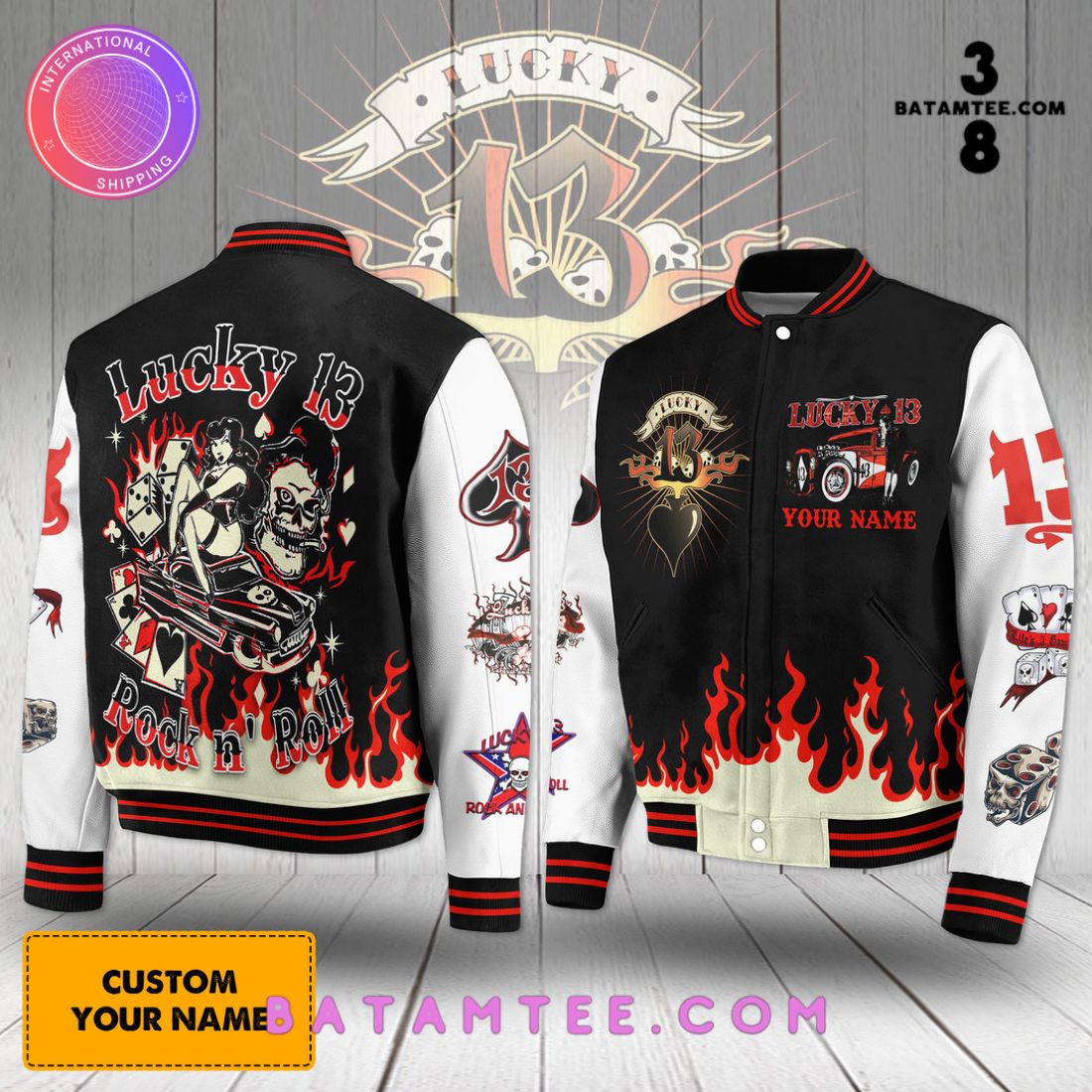 Lucky 13 Rock n Roll Custom Name Baseball Jacket's Overview - Batamtee Shop - Threads & Totes: Your Style Destination