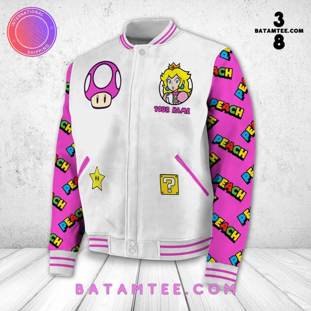 Super Mario Peach Custom Name Baseball Jacket's Overview - Batamtee Shop - Threads & Totes: Your Style Destination