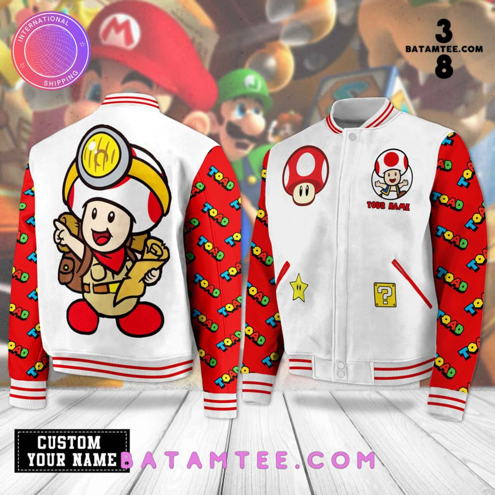 Super Mario Toad Custom Name Baseball Jacket's Overview - Batamtee Shop - Threads & Totes: Your Style Destination